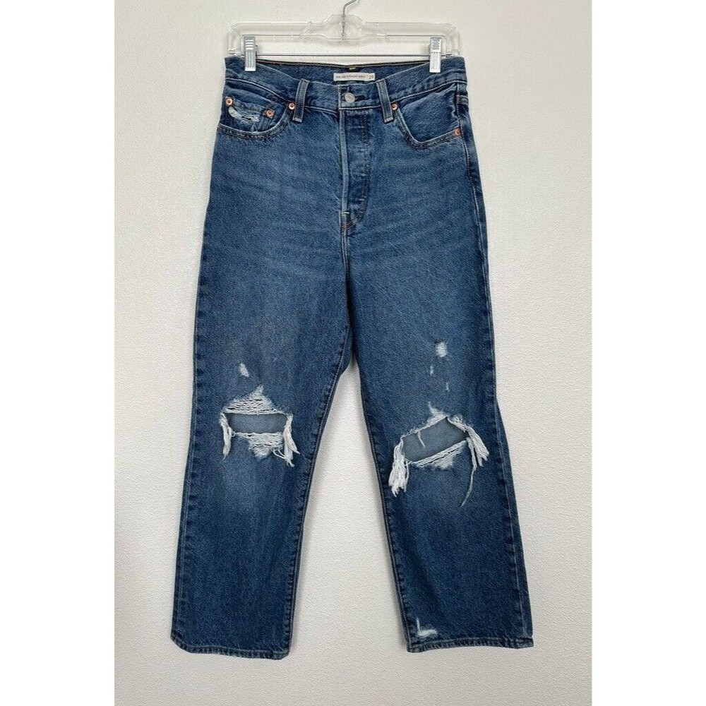 Levi's Women's Dark Blue Ribcage Straight Leg Distressed Jeans 29